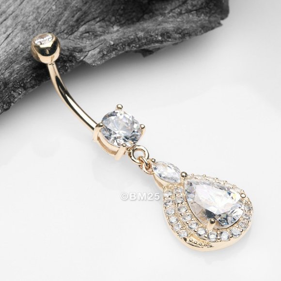 14 Karat Gold Triple Tiered Magnificent Sparkles Teardrop Belly Button Ring